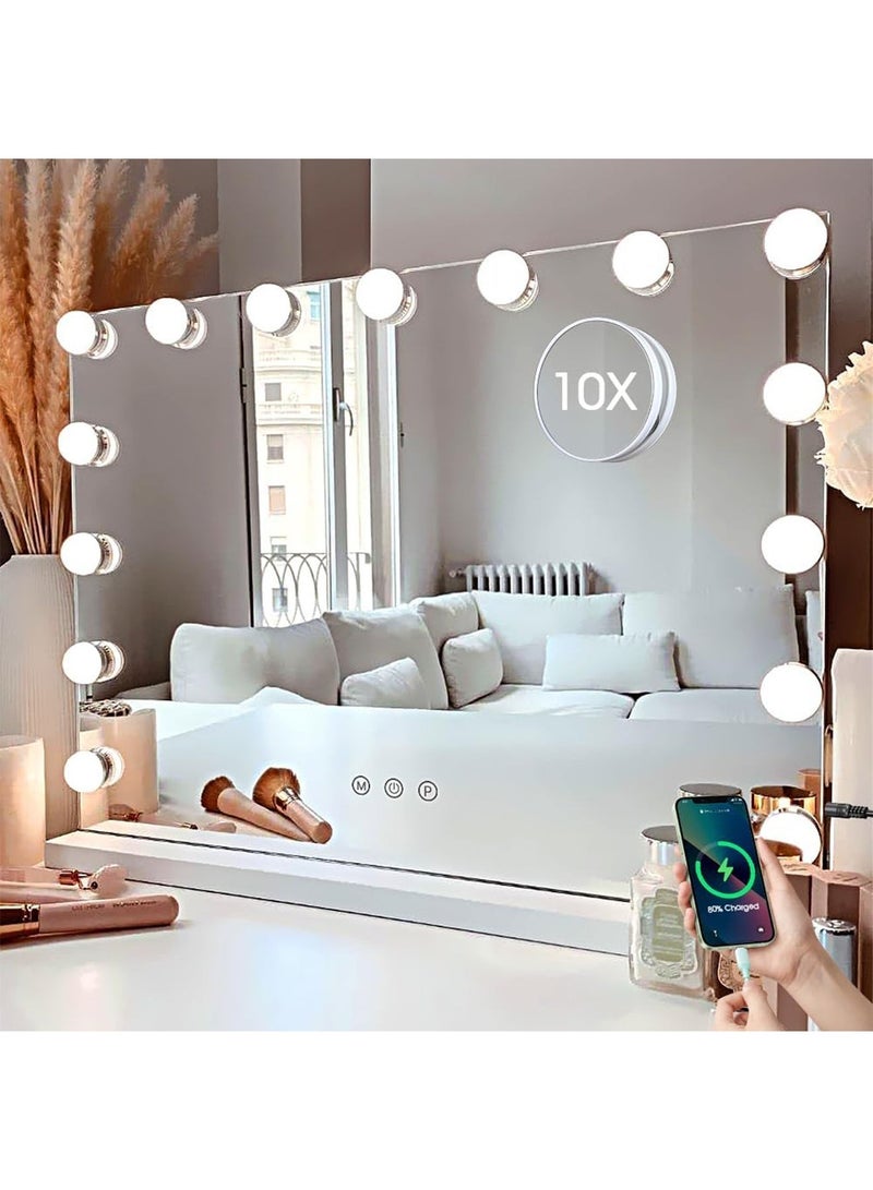 DANIM Vanity Mirror Hollywood Makeup Mirror With 15 LED Lights USB & Type C Charging Ports Lighted Dimmable 10X Magnification 3 Colors Mode Touch Control - Image 1